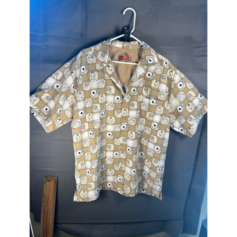 Proto Two-Three Mens Hip Hop Print Button Down Shirt Tan Turntable Mic MED